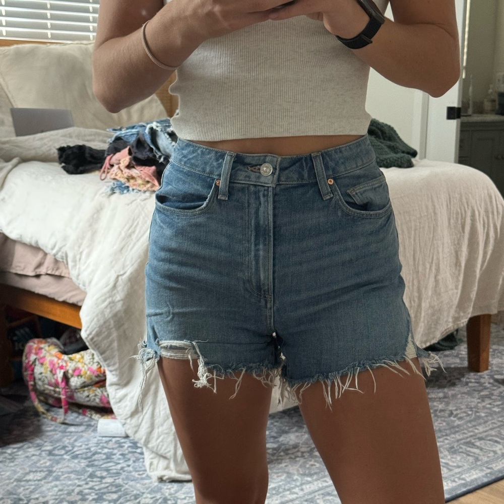 PAIGE Blue Jean Shorts High-Waisted Distressed